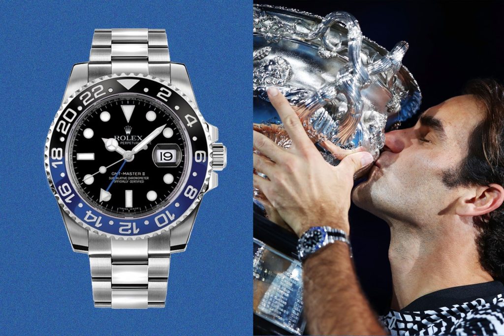 Roger Federer wears a Rolex GMT-Master II “Batman” in stainless steel (Image by: GQ)