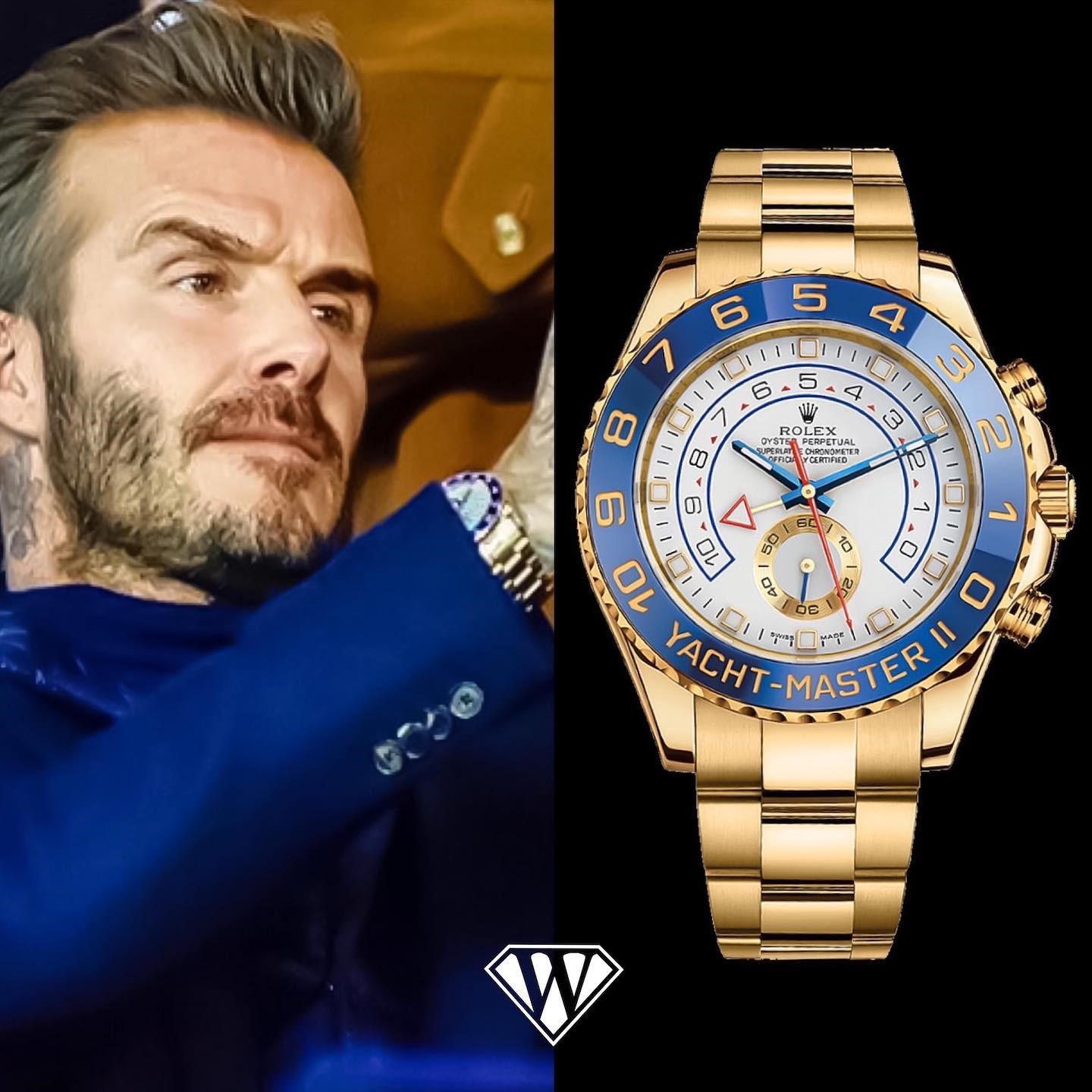 David Beckham wears a Rolex Yacht-Master II 44mm in 18K yellow gold (Image by: Superwatchman)